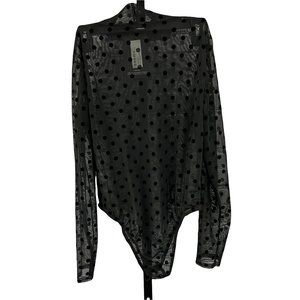 Pretty Little Things Black Flocked Mesh Polka Dot Bodysuit 14 NWT